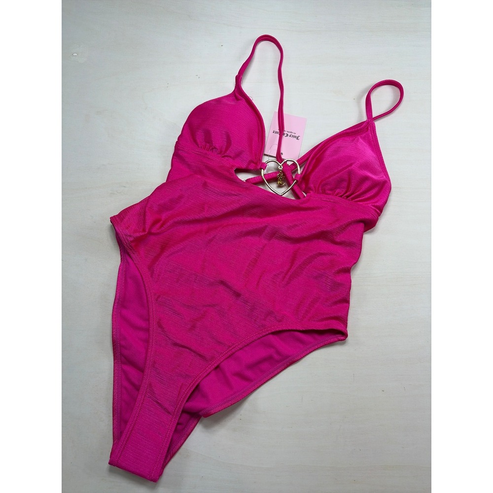 Juicy Couture Hot Pink Heart Charm Cutout One Piece Swimsuit Monokini NWT